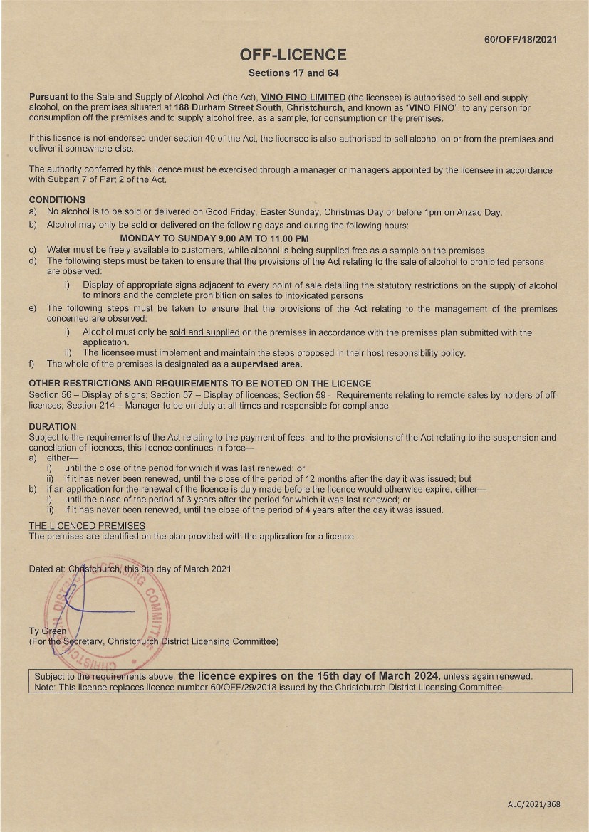 Vino Fino Liquor Licence 2021